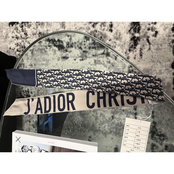 Christian Dior JAdior Twilly Scarf 100% Silk Beige & Navy Made In Italy